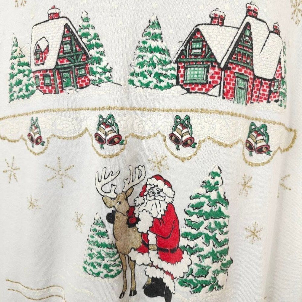 Christmas Sweatshirt Mens Size Large Vintage 90s Santa Claus Reindeer Houses - Picture 2 of 8